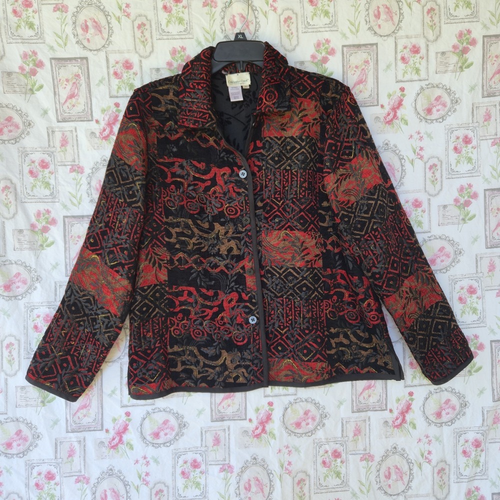 Coldwater Creek Tapestry Jacket Womens M Red Black Jacquard GeometricPatchwork